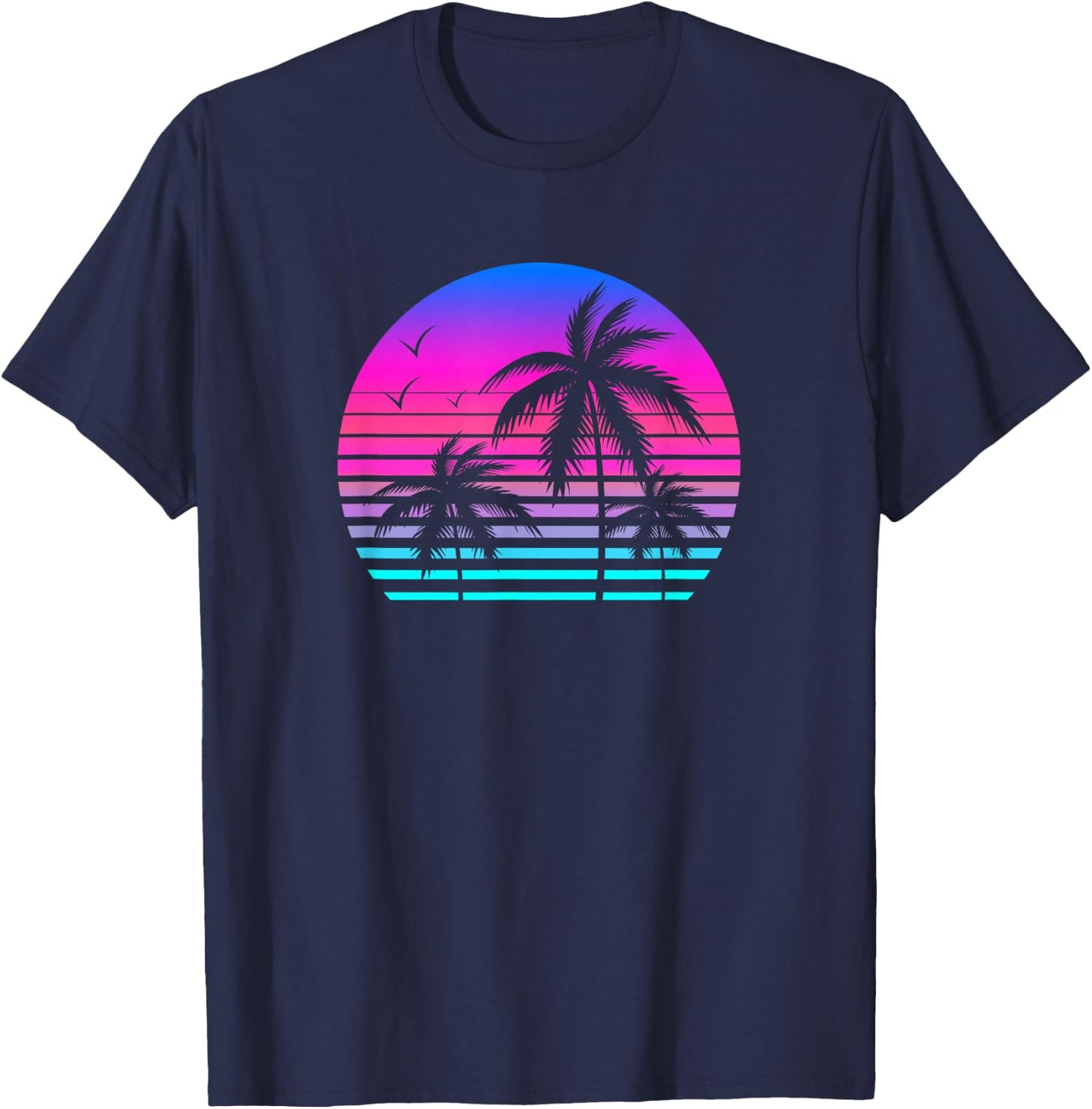 Sunset Palm Tree Cool Summer Vacation Style Vaporwave T-Shirt - T-Shirt | Navy