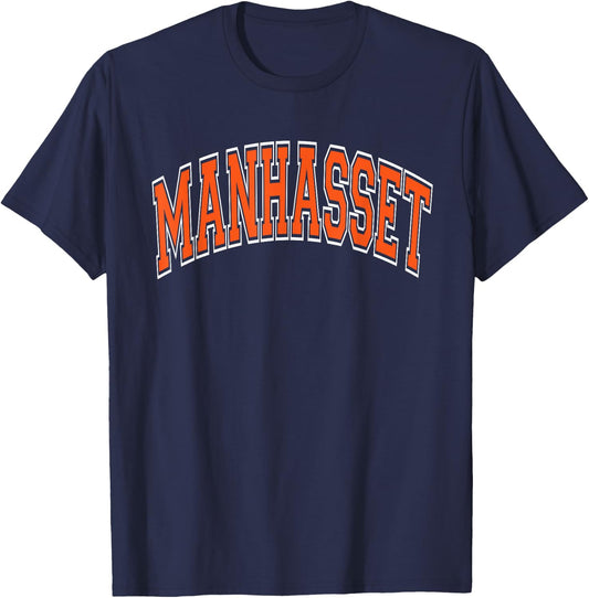 Manhasset Arched Style Orange Text T-Shirt - T-Shirt | Navy