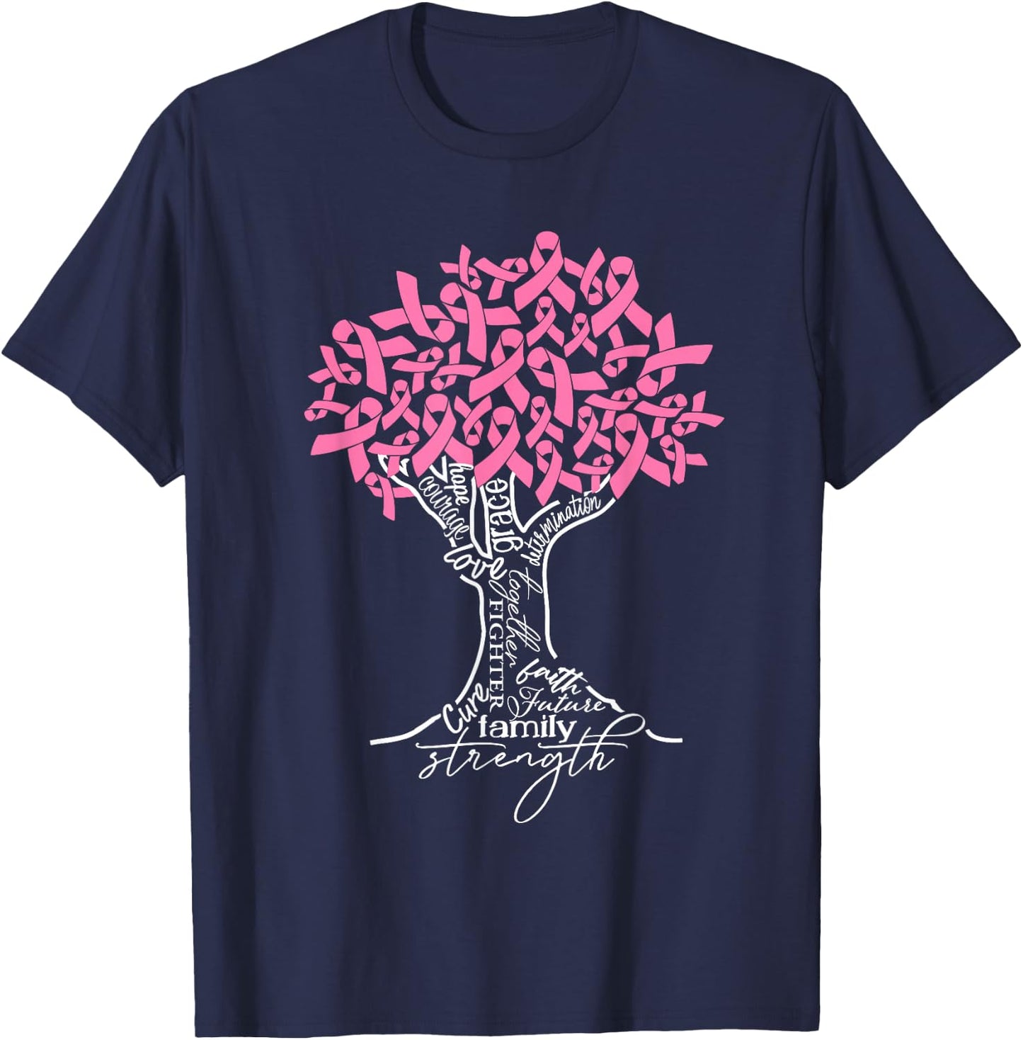 In October We Wear Pink Tree Ribbon Breast Cancer Awareness T-Shirt - T-Shirt | Navy