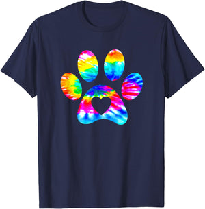 Dog Paw Heart Print Tie Dye for Dog Mom or Cat Mom T-Shirt - T-Shirt | Navy