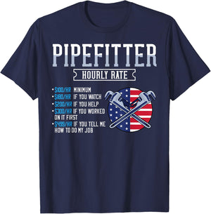 Pipefitter Hourly Rate Gift Plumber USA American Flag T-Shirt - T-Shirt | Navy