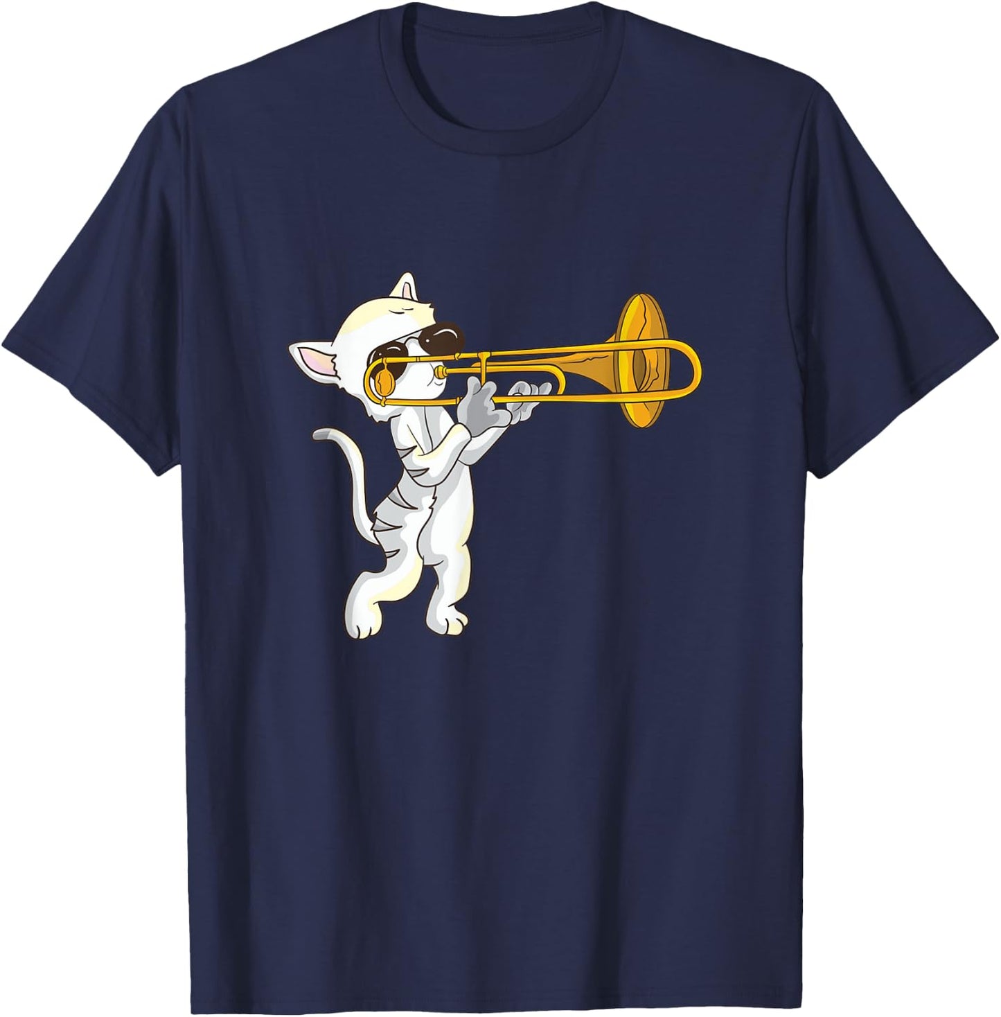 Cat Playing The Trombone Musical Instrument Domestic Cat T-Shirt - T-Shirt | Navy