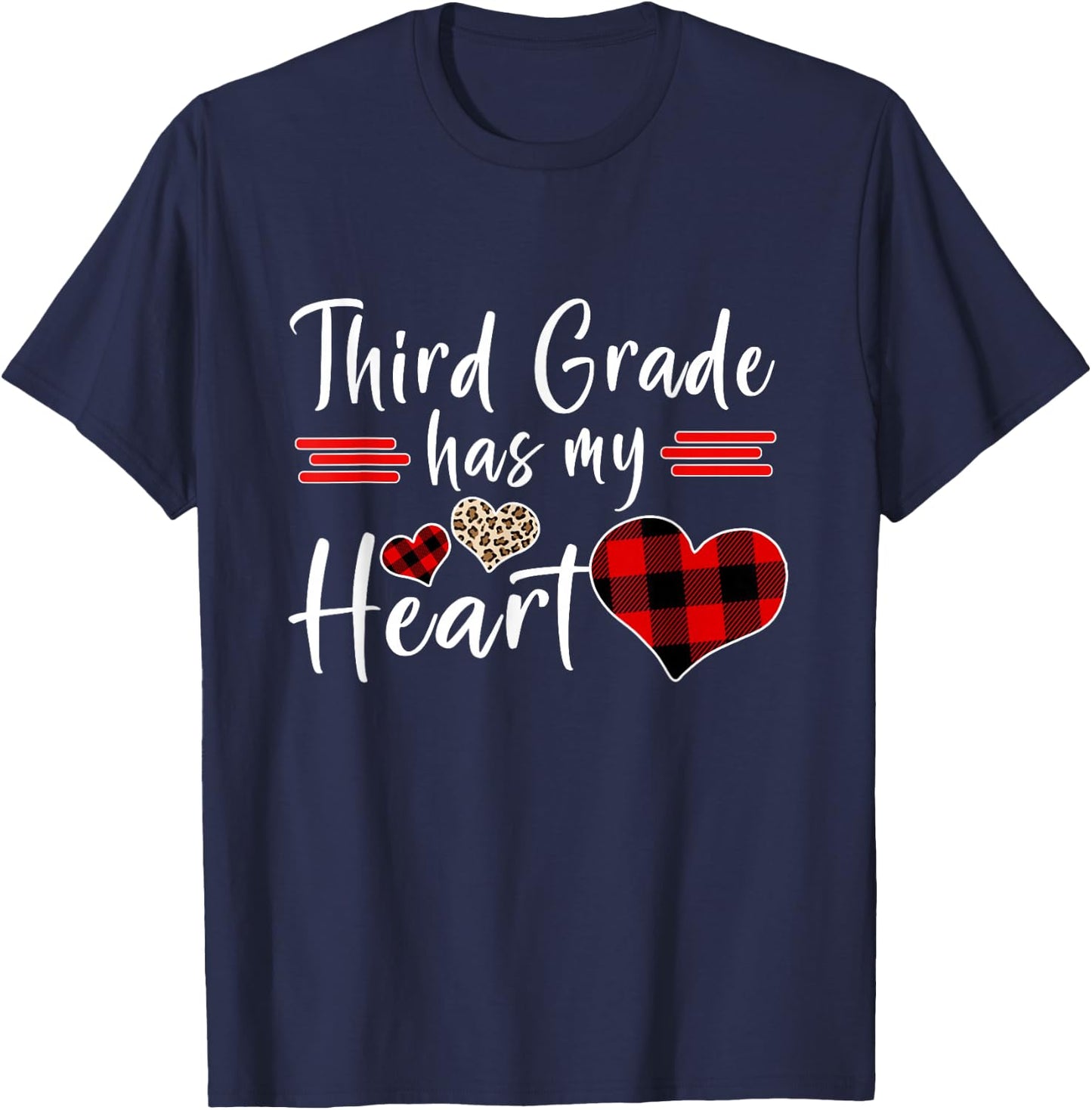 Valentine’s Day Third Grade Has My Heart Plaid Teacher T-Shirt - T-Shirt | Navy