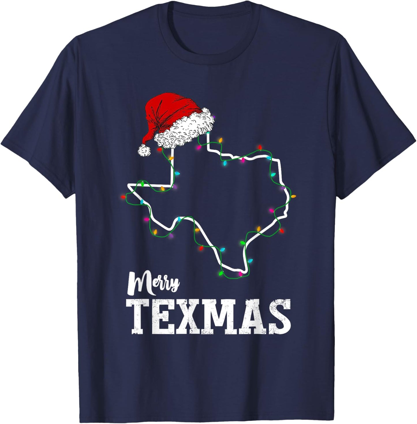 Merry Texmas Texas State Christmas Light Outline Santa Hat T-Shirt - T-Shirt | Navy