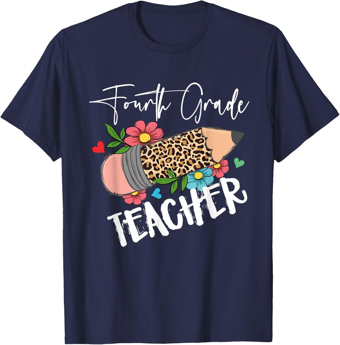 Fourth Grade Teacher Leopard Pencil 4th Grade Teacher T-Shirt - T-Shirt | Navy