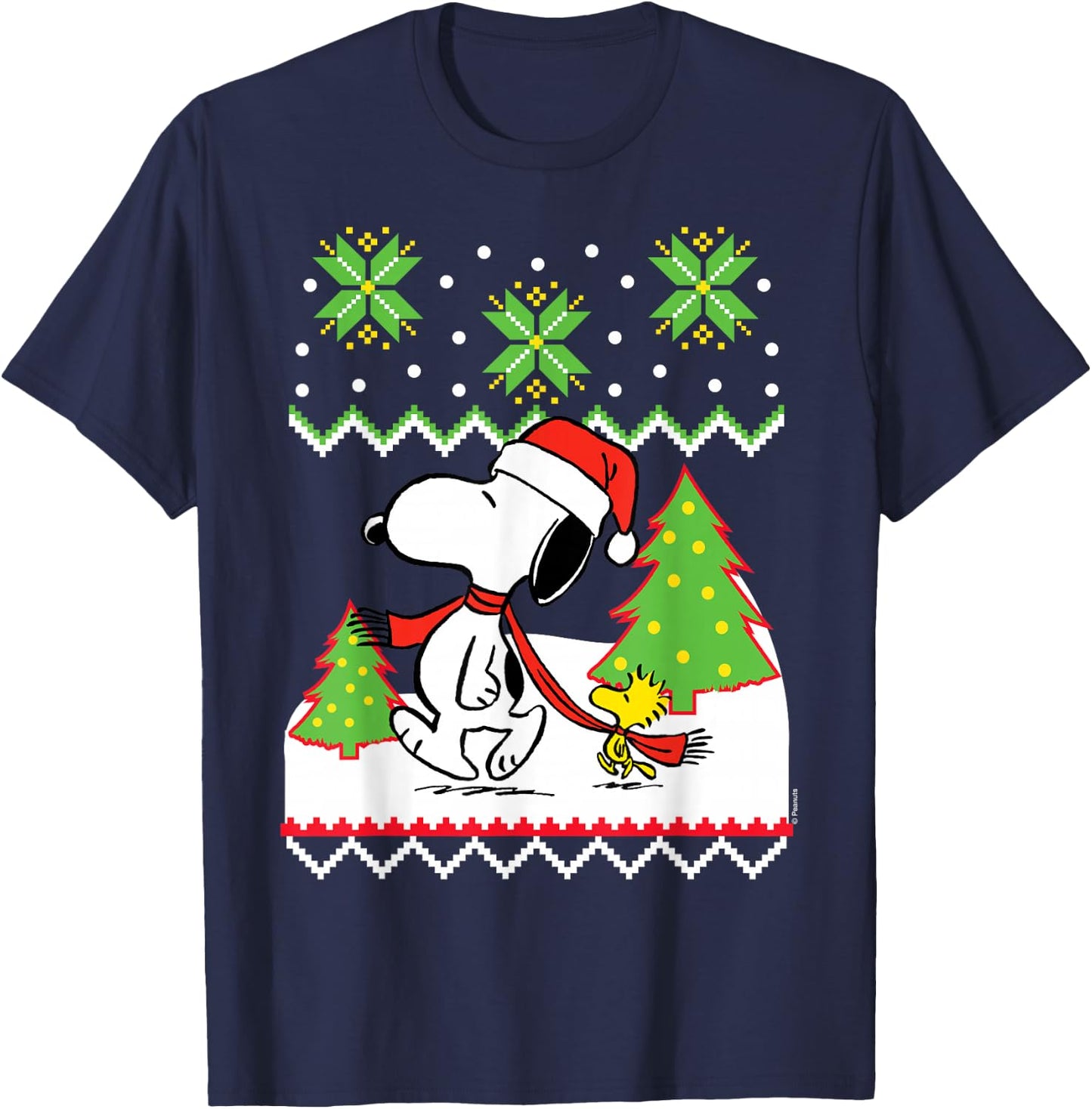 Peanuts Santa Snow Snoopy and Woodstock T-Shirt - T-Shirt | Navy