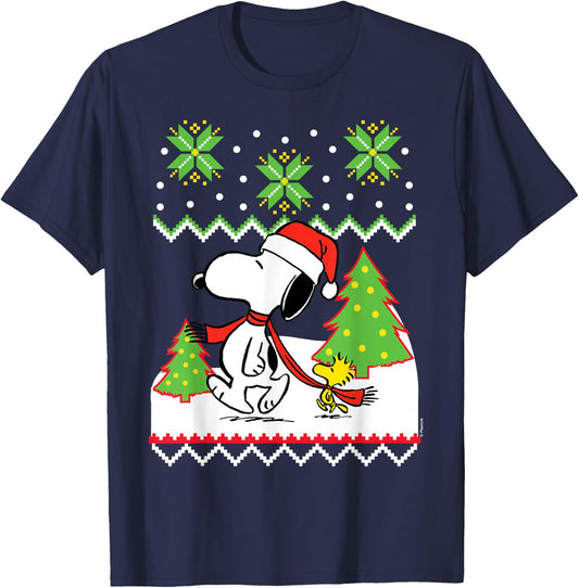 Peanuts Santa Snow Snoopy and Woodstock T-Shirt - T-Shirt | Navy