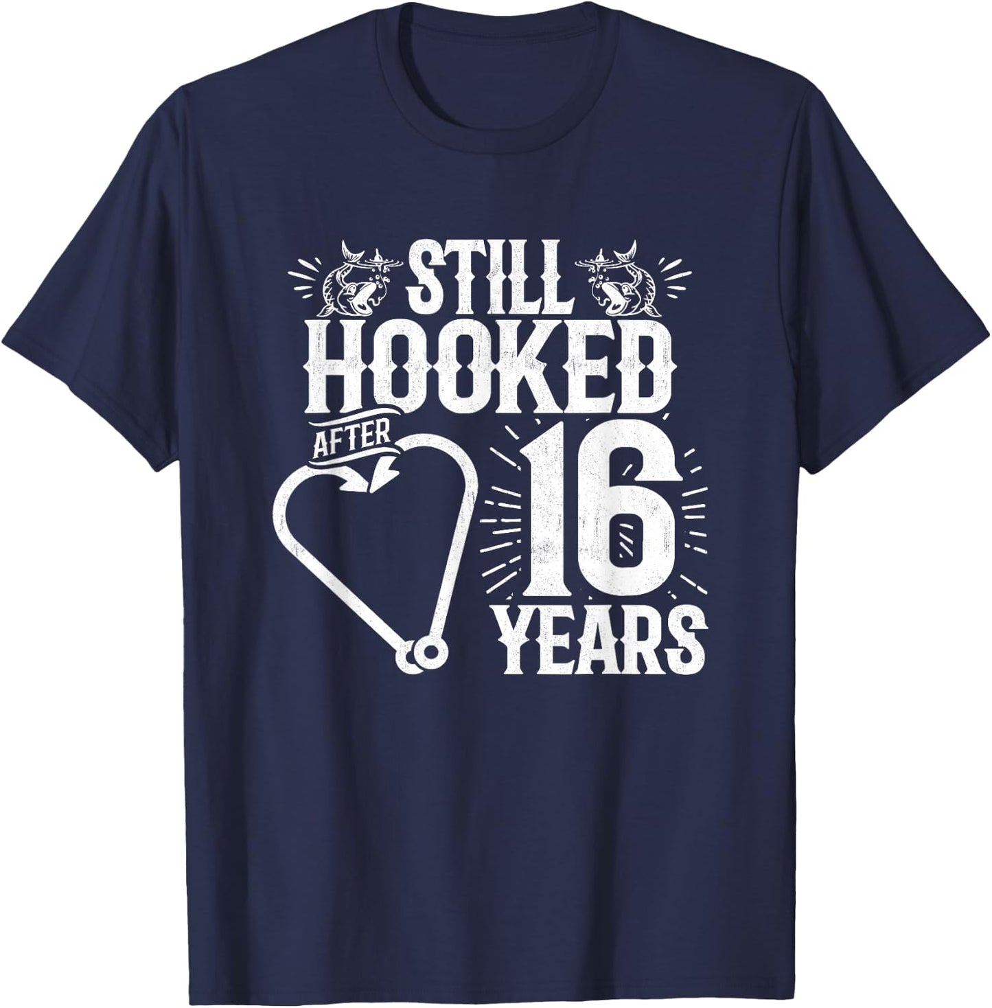Married 16 Years - Fishing Couple - 16th Wedding Anniversary T-Shirt - T-Shirt | Navy
