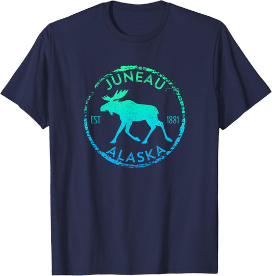 Juneau Alaska Moose Gradient Distressed Souvenir T-Shirt - T-Shirt | Navy