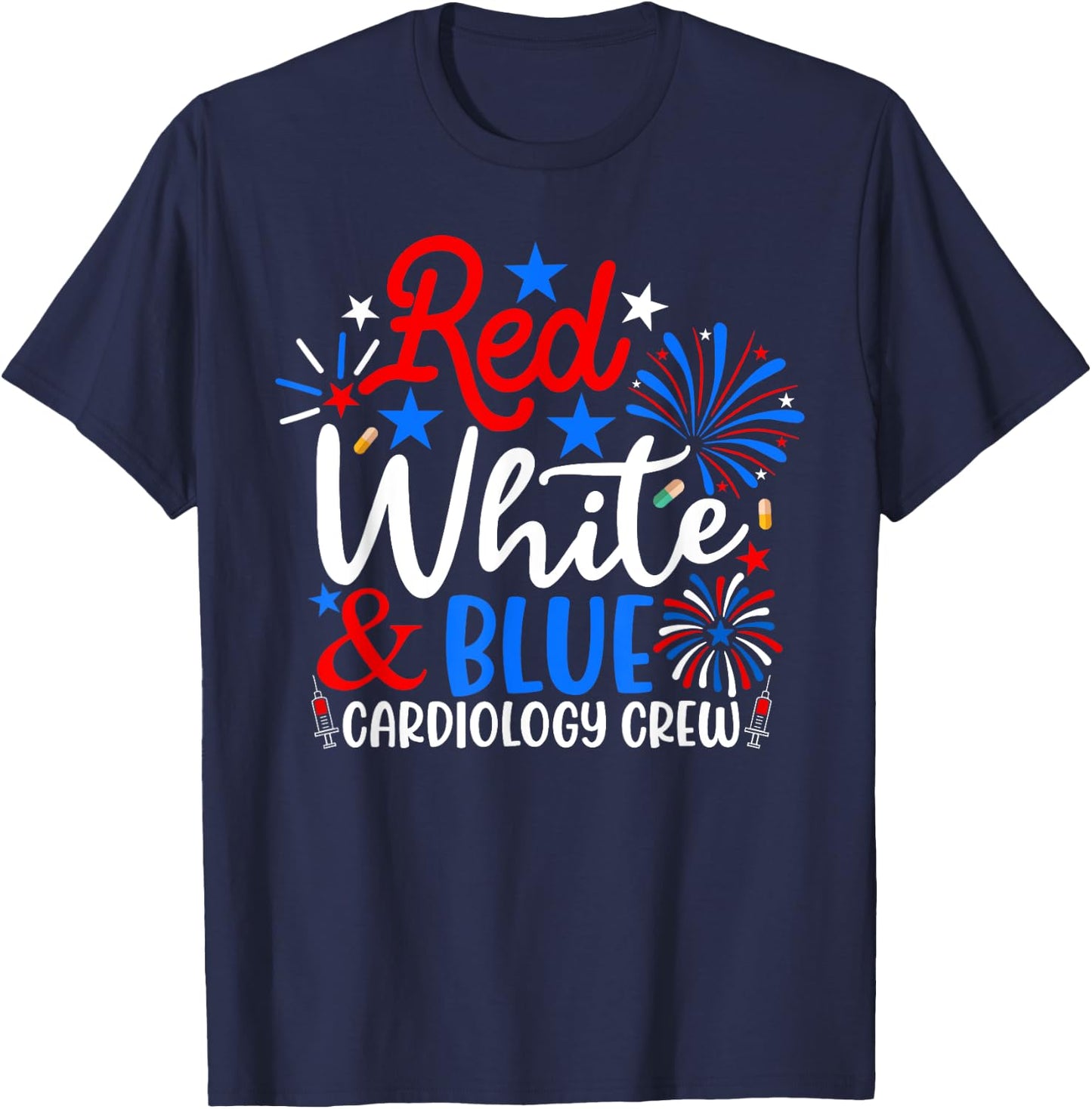 Red White And Blue Cardiology Crew Funny 4th Of July Nurse T-Shirt - T-Shirt | Navy