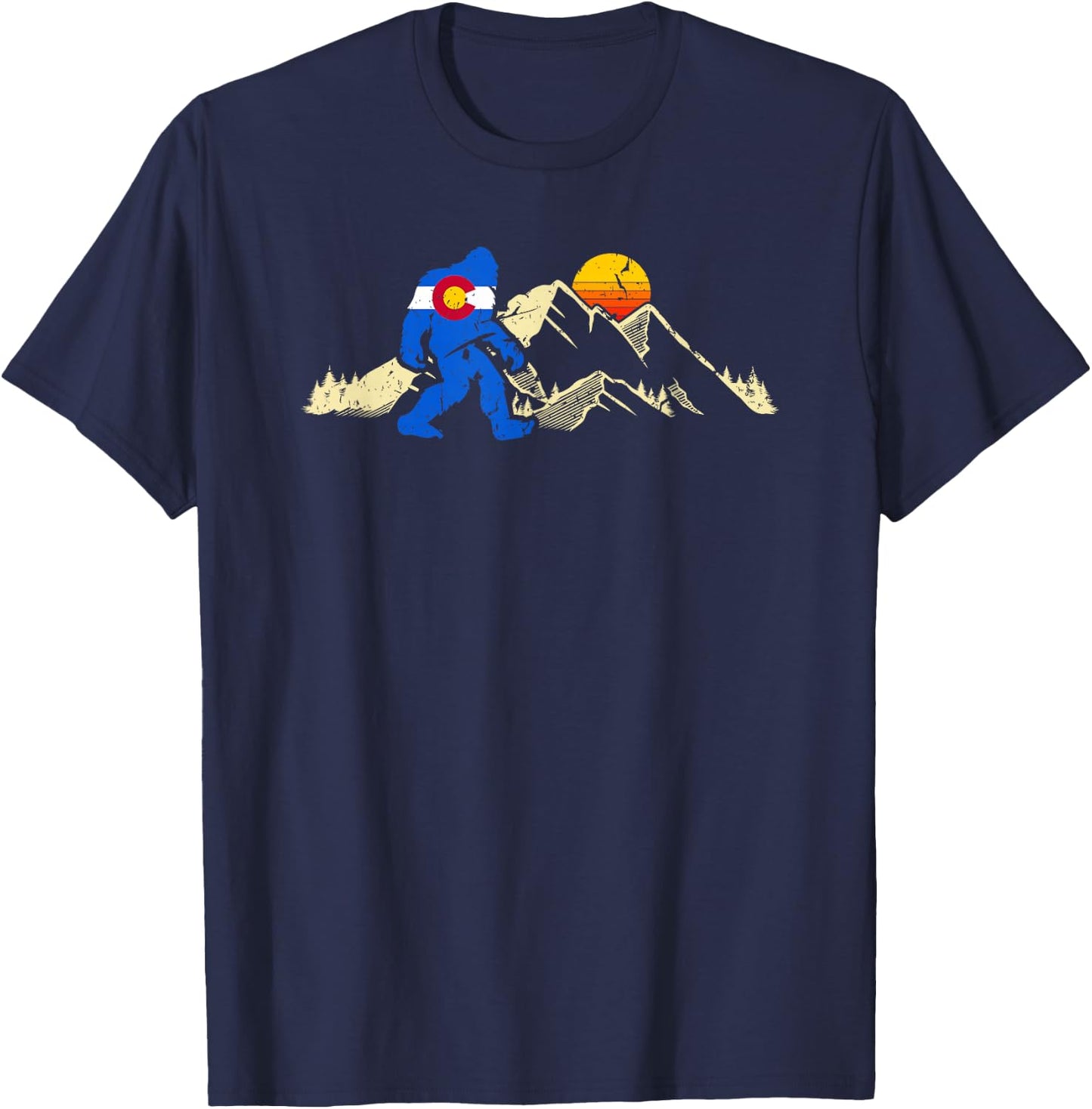 Retro Bigfoot Sun & Mountain State Flag of Colorado T-Shirt - T-Shirt | Navy