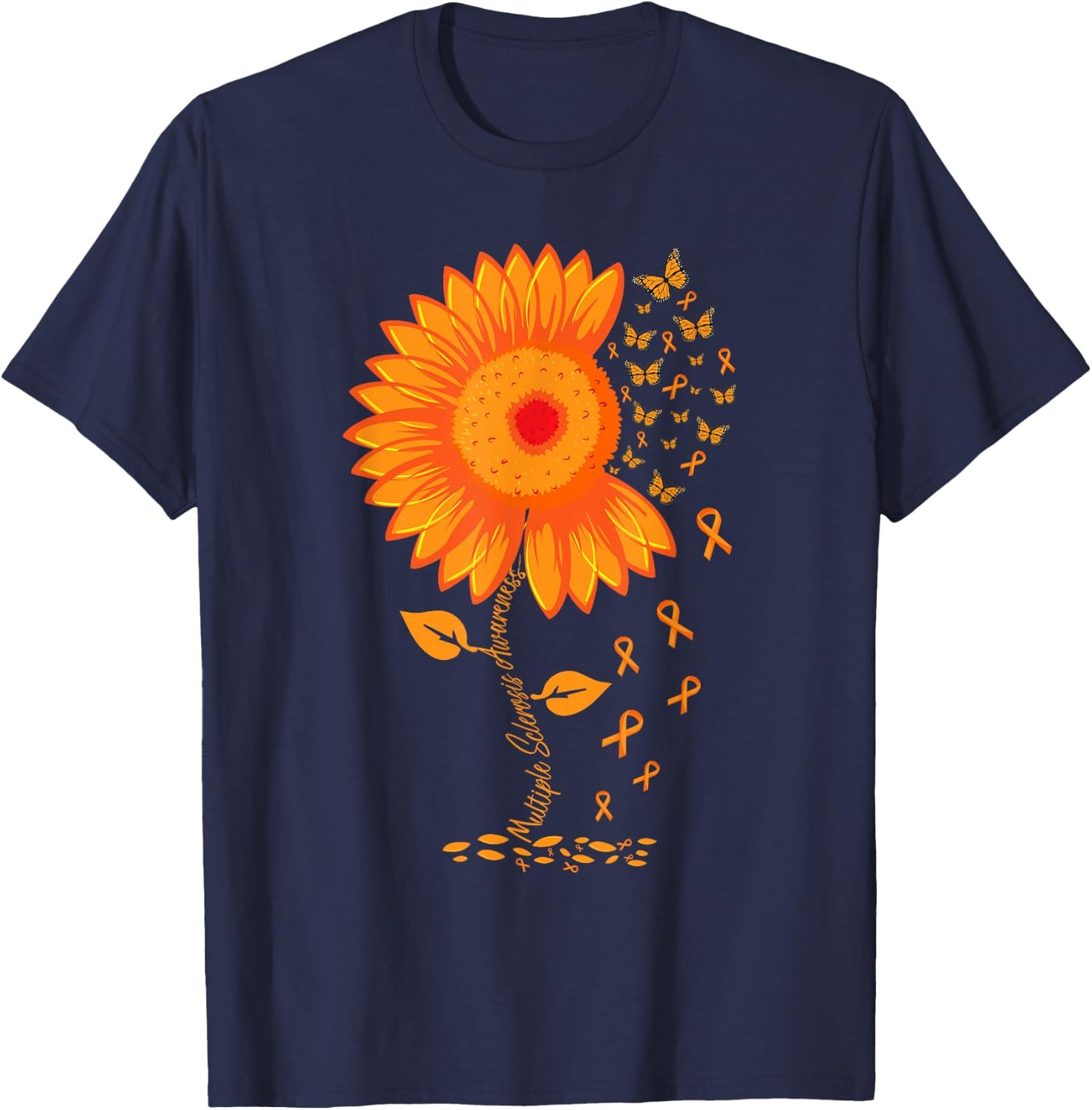 Multiple Sclerosis Awareness Ribbon Flower MS butterfly T-Shirt - T-Shirt | Navy