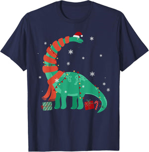 Funny Christmas Dinosaur Santa Xmas Lights Brontosaurus T-Shirt - T-Shirt | Navy