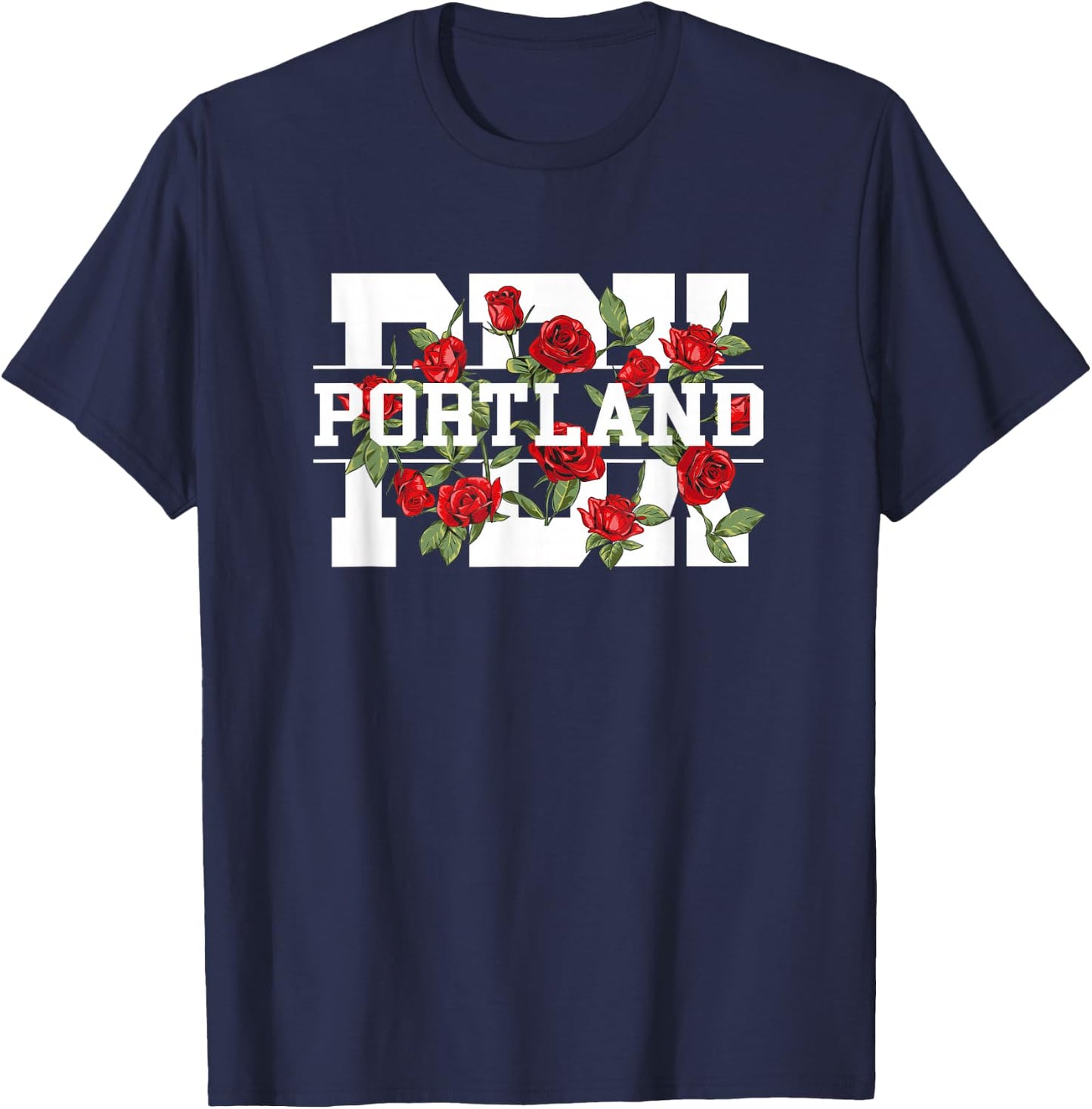 PDX Portland Oregon Typography With Red Roses T-Shirt - T-Shirt | Navy