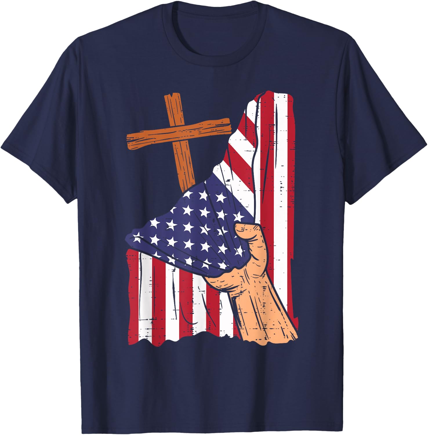 Cross Behind US Flag Religious God Jesus Patriotic Christian T-Shirt - T-Shirt | Navy