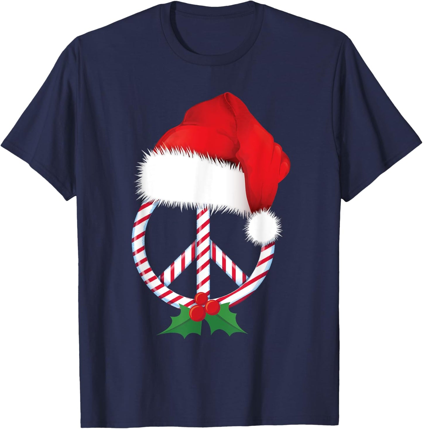 Christmas Peace Sign Candy Cane Santa Peace Symbol T-Shirt - T-Shirt | Navy
