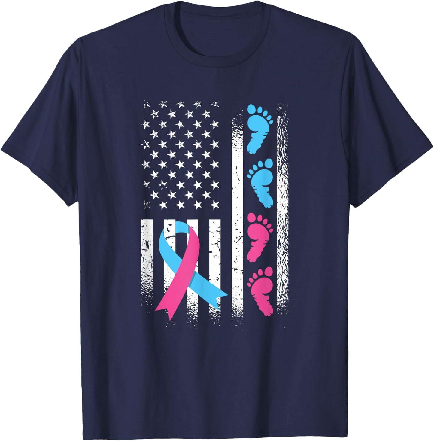American Flag Pink and Blue Ribbon Pregnancy and Infant Loss T-Shirt - T-Shirt | Navy
