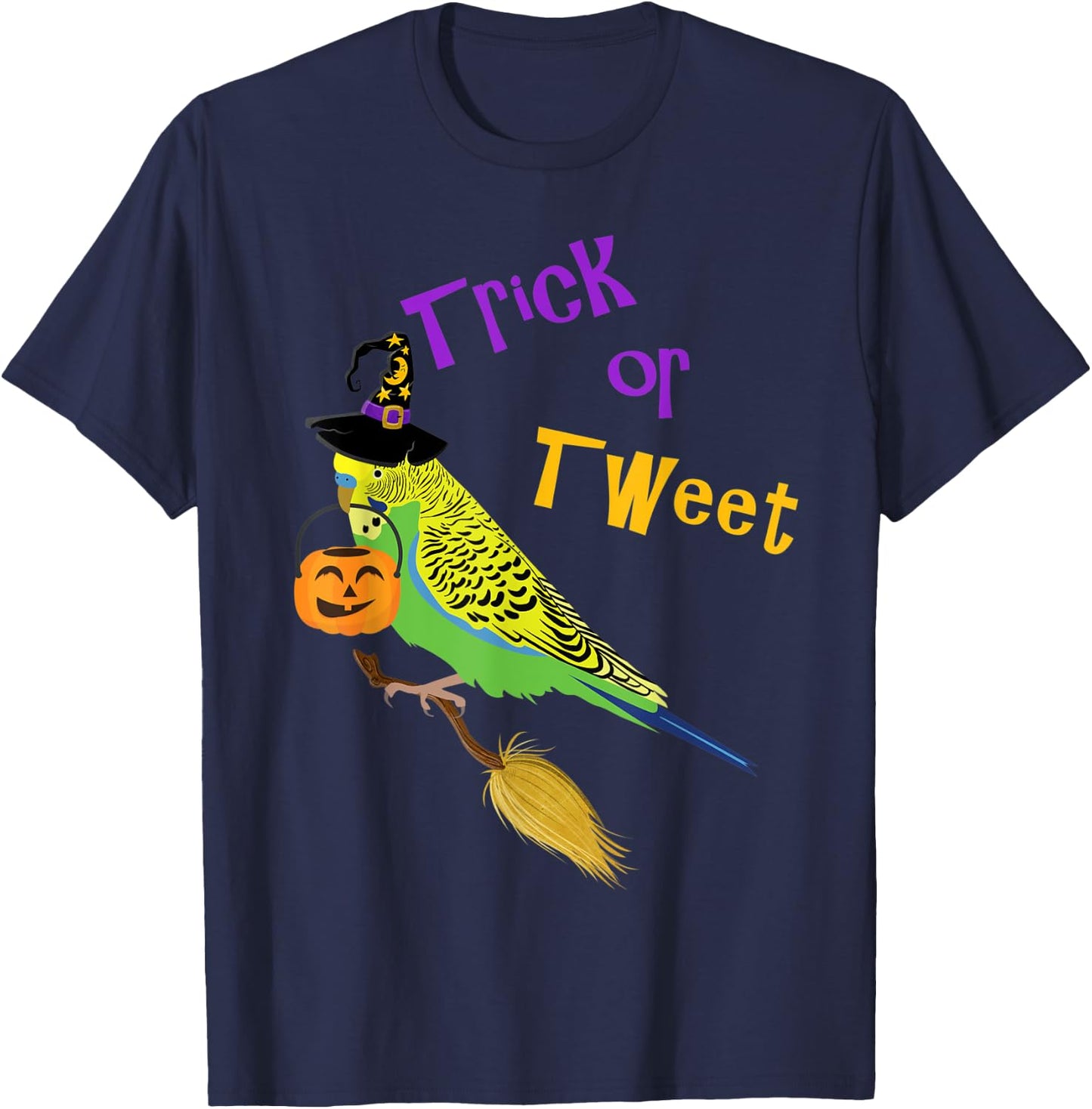Halloween Trick or Tweet green budgie cute graphic bird T-Shirt - T-Shirt | Navy