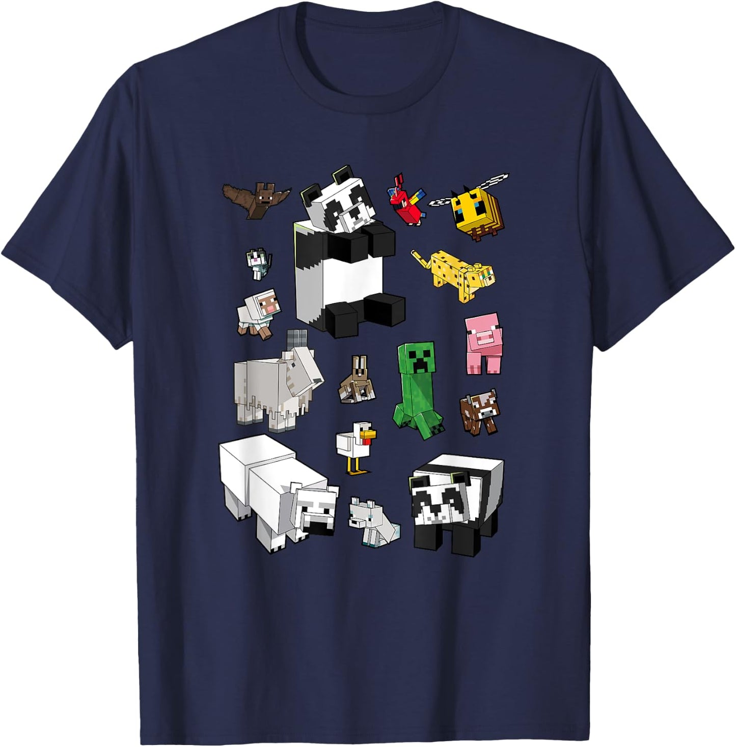 Minecraft Adults Kids , Blue, Small, Short Sleeve, Classic Fit, Cartoon Panda Graphic, Minecraft Overworld Mob Grid Poster T-Shirt - T-Shirt | Navy