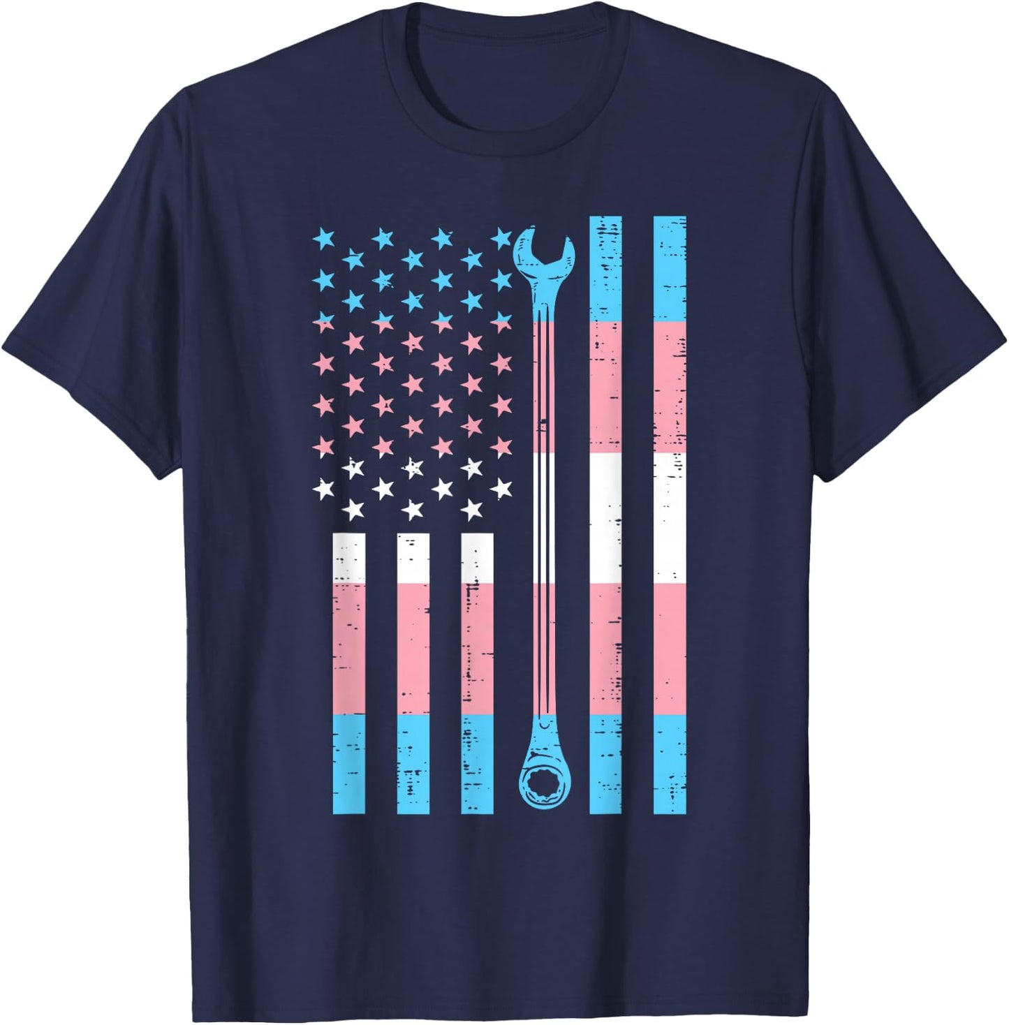 US America Flag Wrench Transgender Trans Pride LGBT Mechanic T-Shirt - T-Shirt | Navy