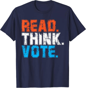 Read Think Vote Black -Adults Small Classic Fit Short Sleeve Classic Style Imported Polyester 100% T-Shirt - T-Shirt | Navy