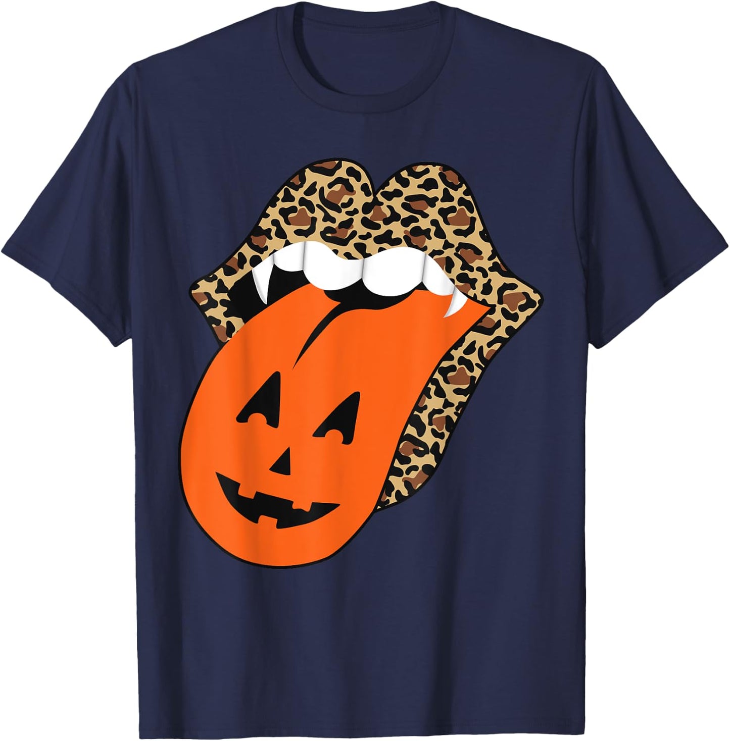 Leopard Lips Halloween Lips Vampire Mouth Pumpkin Tongue T-Shirt - T-Shirt | Navy