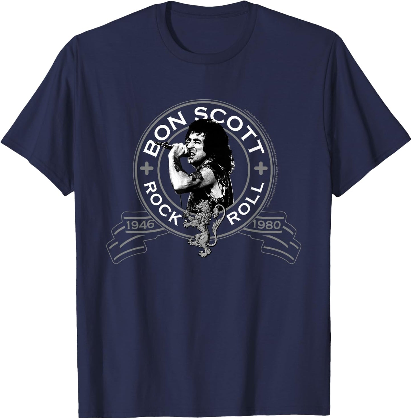 Bon Scott Rock n' Roll Lion Shield T-Shirt - T-Shirt | Navy