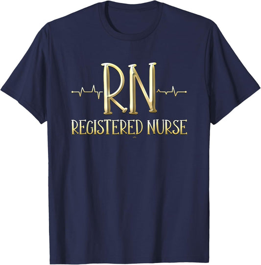 Gold RN Registered Nurse Nursing Heartbeat Graphic Design T-Shirt - T-Shirt | Navy