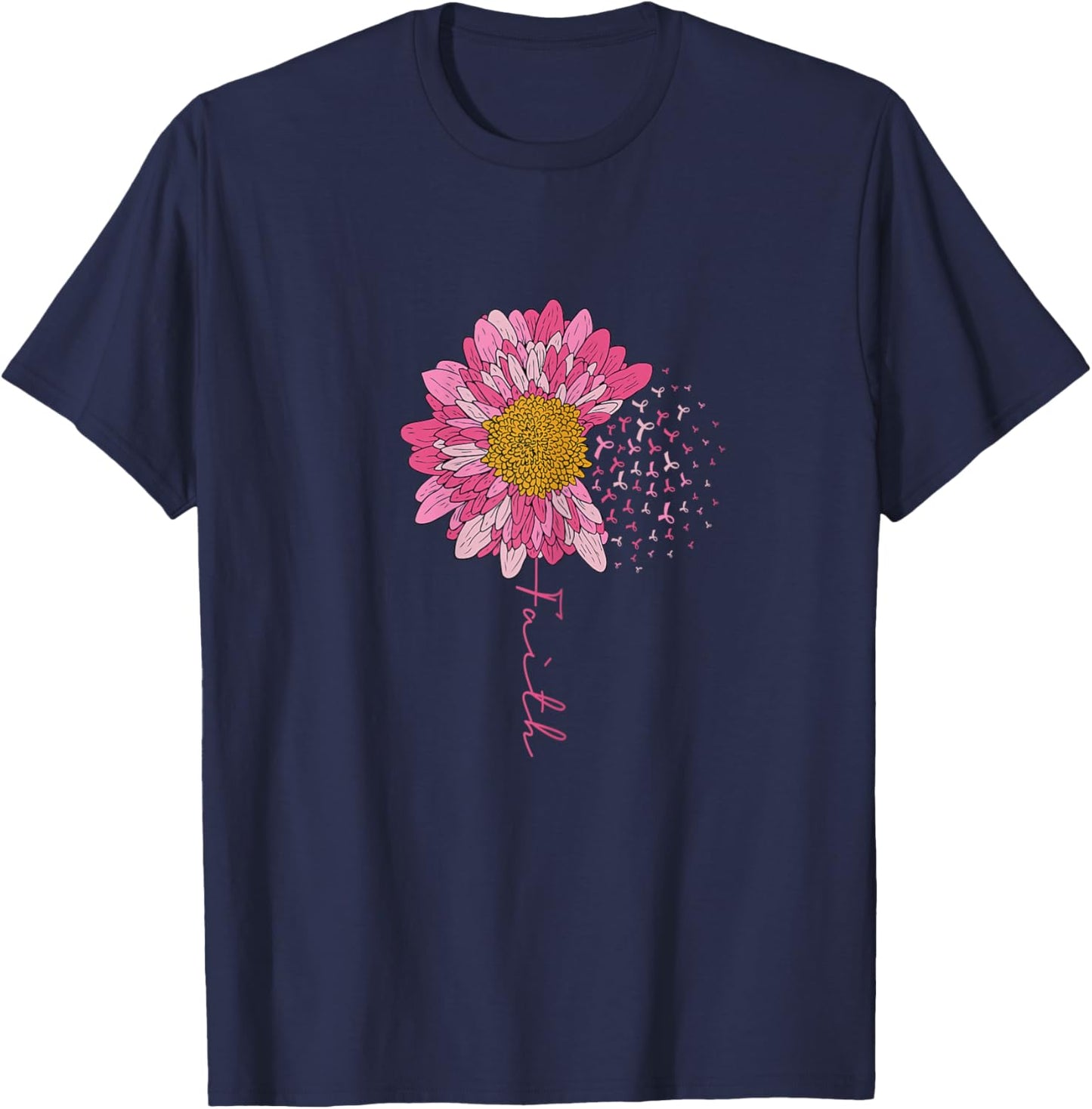 Breast Cancer Awareness Pink Ribbon Sunflower Faith Survivor T-Shirt - T-Shirt | Navy