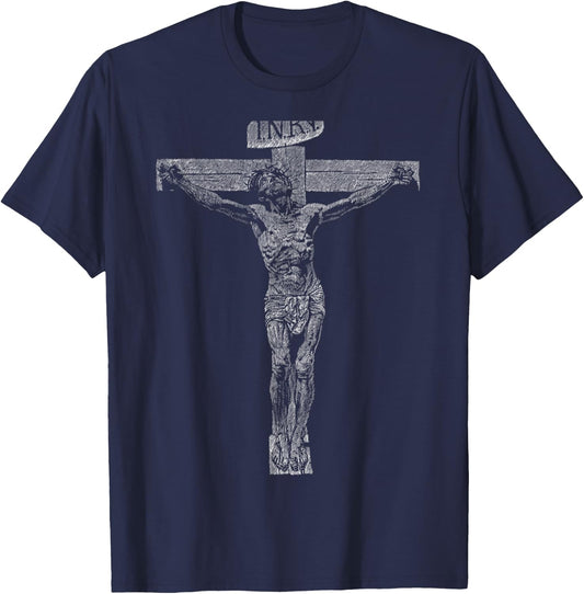 Pen and ink drawing of Jesus crucifixion. T-Shirt - T-Shirt | Navy
