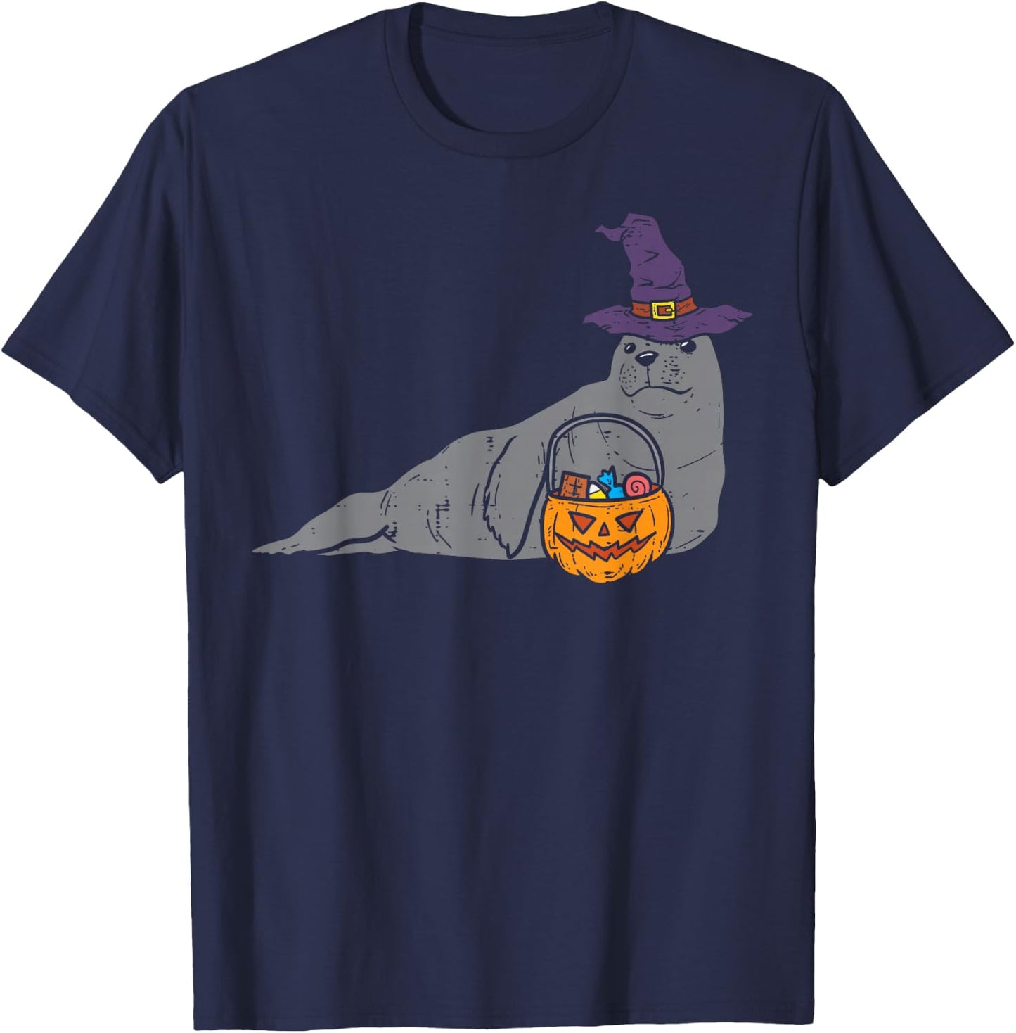 Seal Sea Lion Witch Pumpkin Halloween Animal Men Women Kids T-Shirt - T-Shirt | Navy