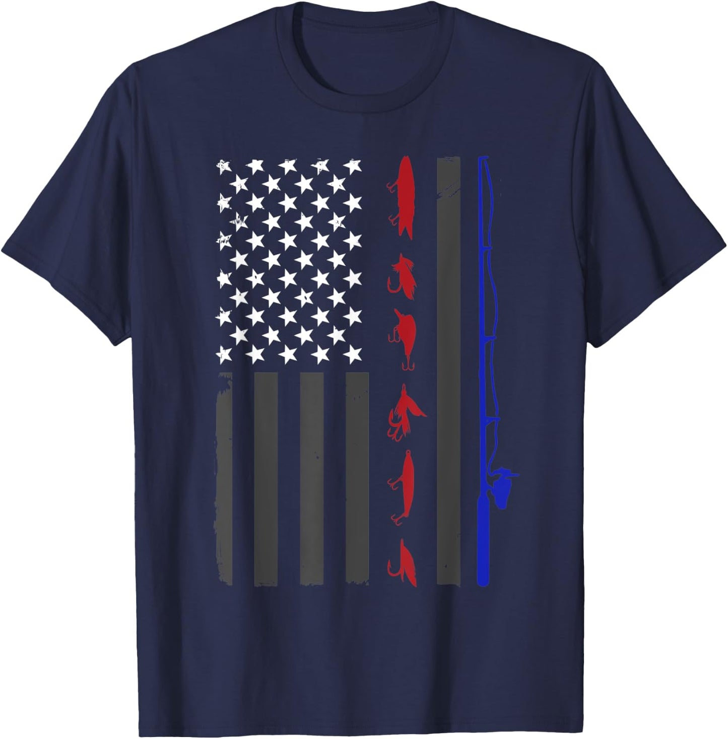 American Flag Fishing Vintage Fishing Pole and Lures Women Kids Men T-Shirt - T-Shirt | Navy