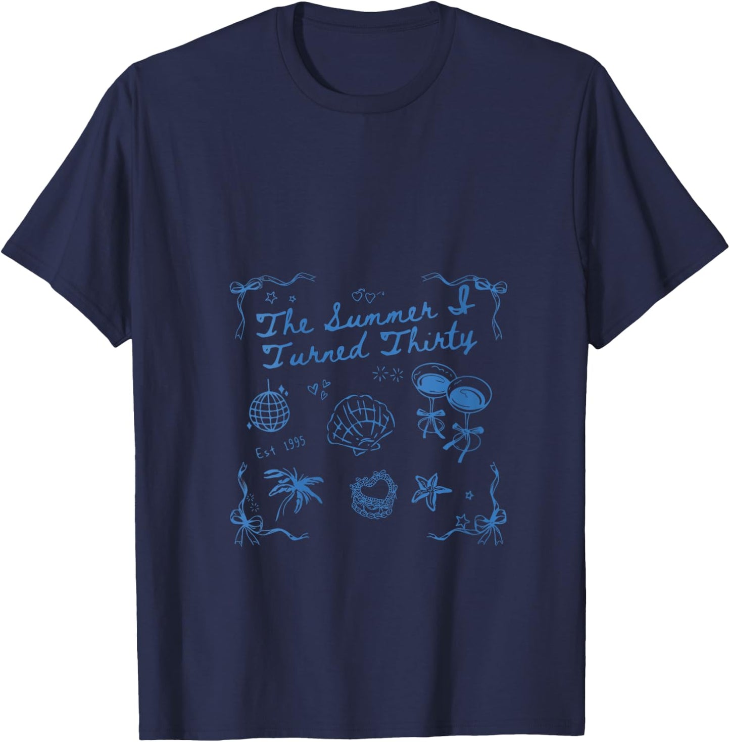 Women's Summer I Turned Thirty 30th Birthday Seashell Coastal Beach V-Neck T-Shirt - T-Shirt | Navy