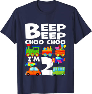 I'm 2 Beep Choo Boy Girl 2nd Birthday Train Cars Airplanes T-Shirt - T-Shirt | Navy