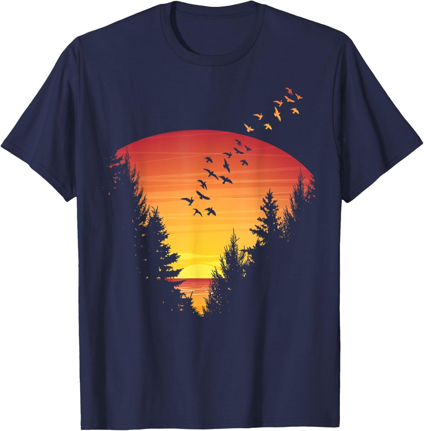Sunset Forest Nature Pine Tree Camping Summer Outdoor Travel Men Women Kids T-Shirt - T-Shirt | Navy