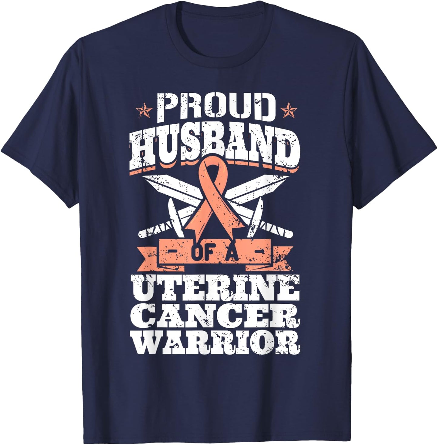 Proud Husband Of A Uterine Cancer Warrior Awareness Ribbon T-Shirt - T-Shirt | Navy