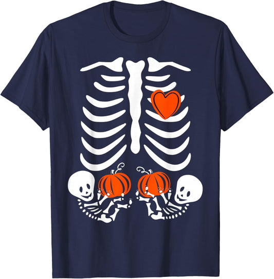 Pregnant Skeleton Twin Pregnancy Halloween Baby Announcement T-Shirt - T-Shirt | Navy