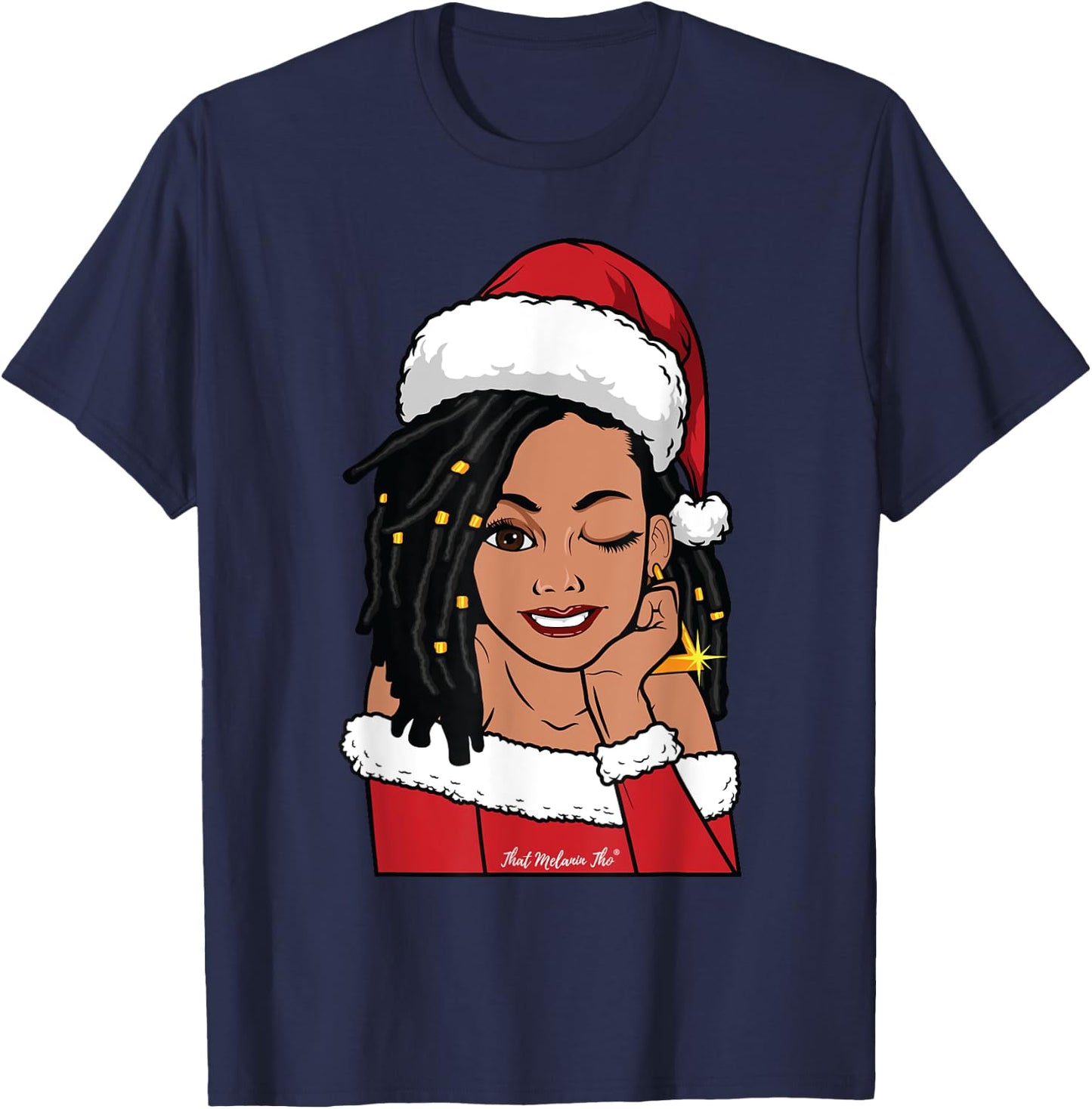 Black Mrs. Claus Locs Winking African American Christmas T-Shirt - T-Shirt | Navy