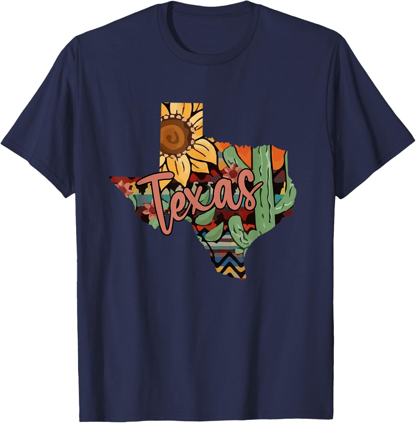 Cute Love Texas State Cactus Sunflower T-Shirt - T-Shirt | Navy