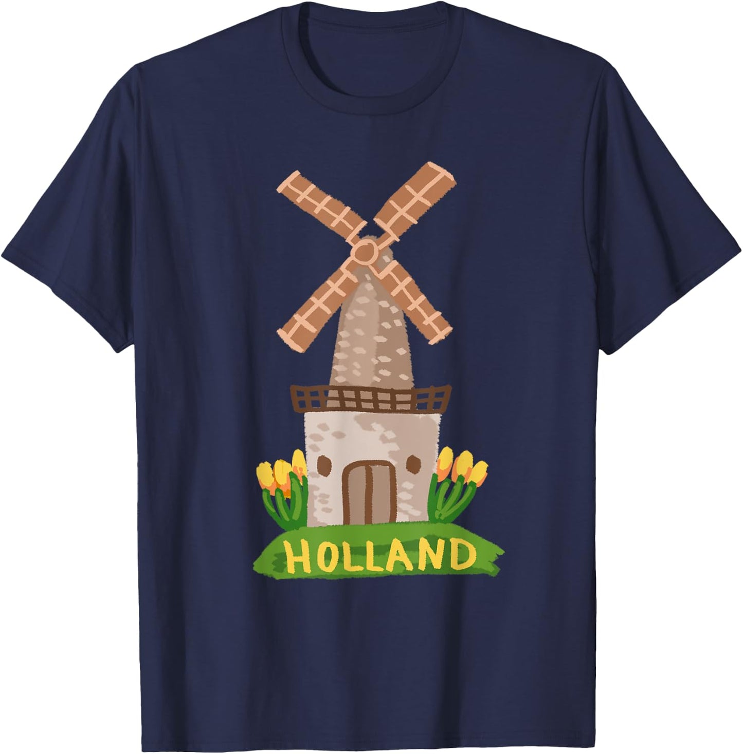 Holland Tulips Houses Windmill Amsterdam Netherlands T-Shirt - T-Shirt | Navy
