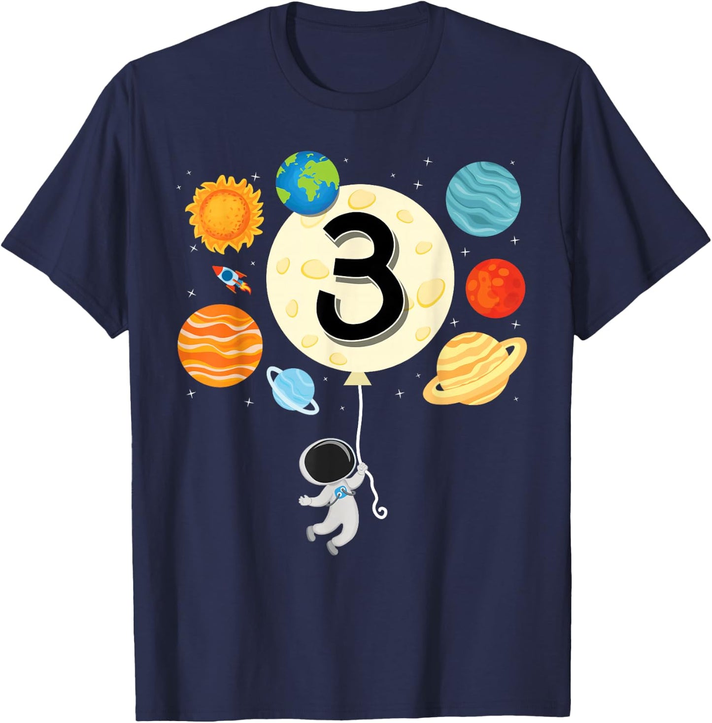 Astronaut Balloon Planets 3rd Birthday Space 3 Year Old Kids T-Shirt - T-Shirt | Navy