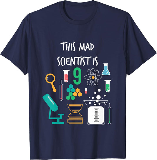 Mad Scientist Is 9 Years Old Funny Science Birthday T Shirt T-Shirt - T-Shirt | Navy
