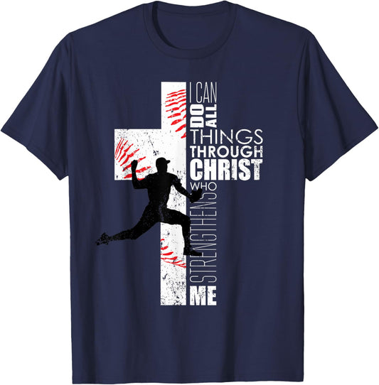 Christian Bible Verse Cross Men Boys Baseball Pitcher T-Shirt - T-Shirt | Navy