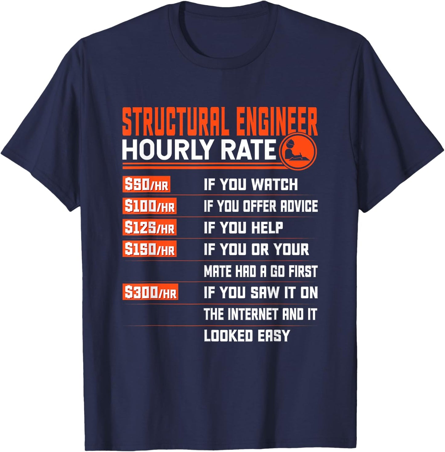 Structural Engineer Hourly Rate Funny - Black, -Adults, Small, Short Sleeve, Classic Fit, Cotton Blend, , Modern T-Shirt - T-Shirt | Navy