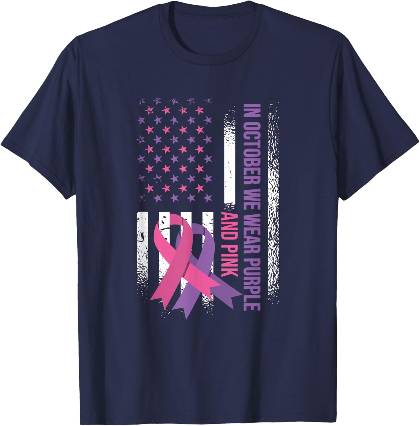American Flag Breast Cancer and Domestic Violence Awareness T-Shirt - T-Shirt | Navy