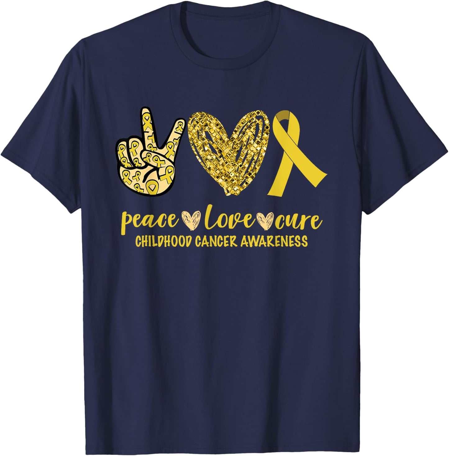 Peace Love Cure Ribbon Childhood Cancer Awareness T-Shirt - T-Shirt | Navy