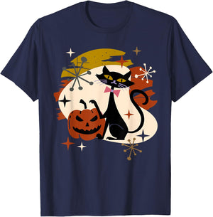 Black Cat and Pumpkin Atomic Retro Halloween T-Shirt - T-Shirt | Navy
