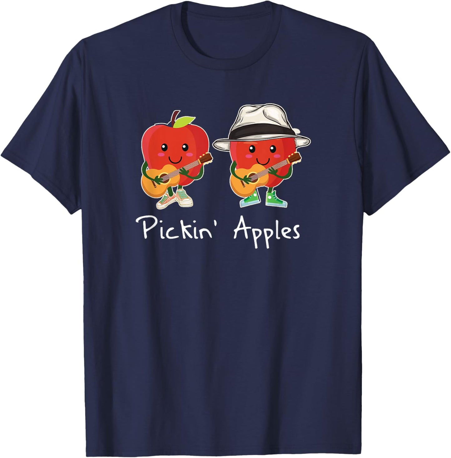Funny Cartoon Apples Pickin' Guitar Cute Apple Picking T-Shirt - T-Shirt | Navy