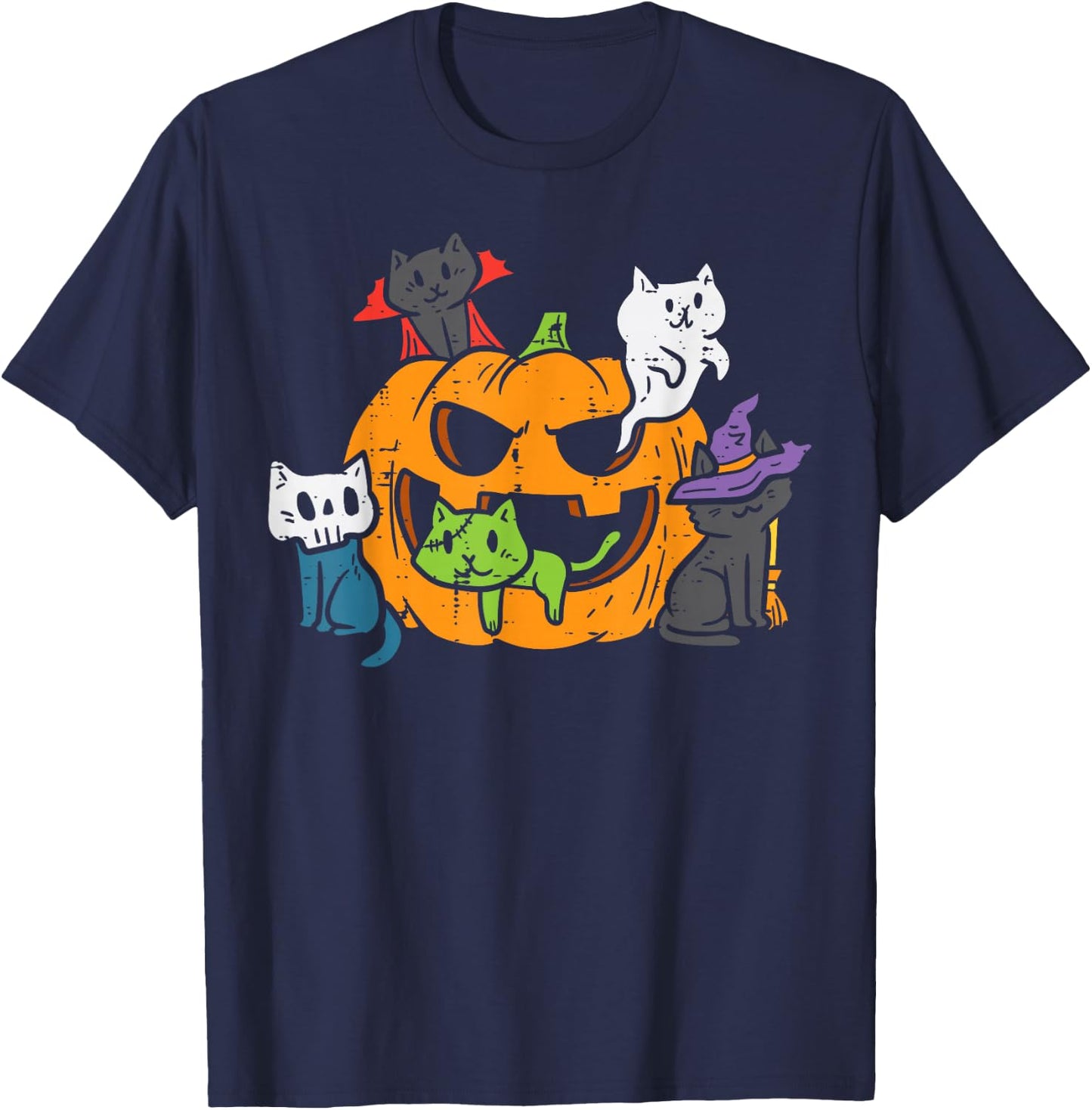 Vampire Ghost Zombie Witch Cats In Pumpkin Cute Halloween T-Shirt - T-Shirt | Navy