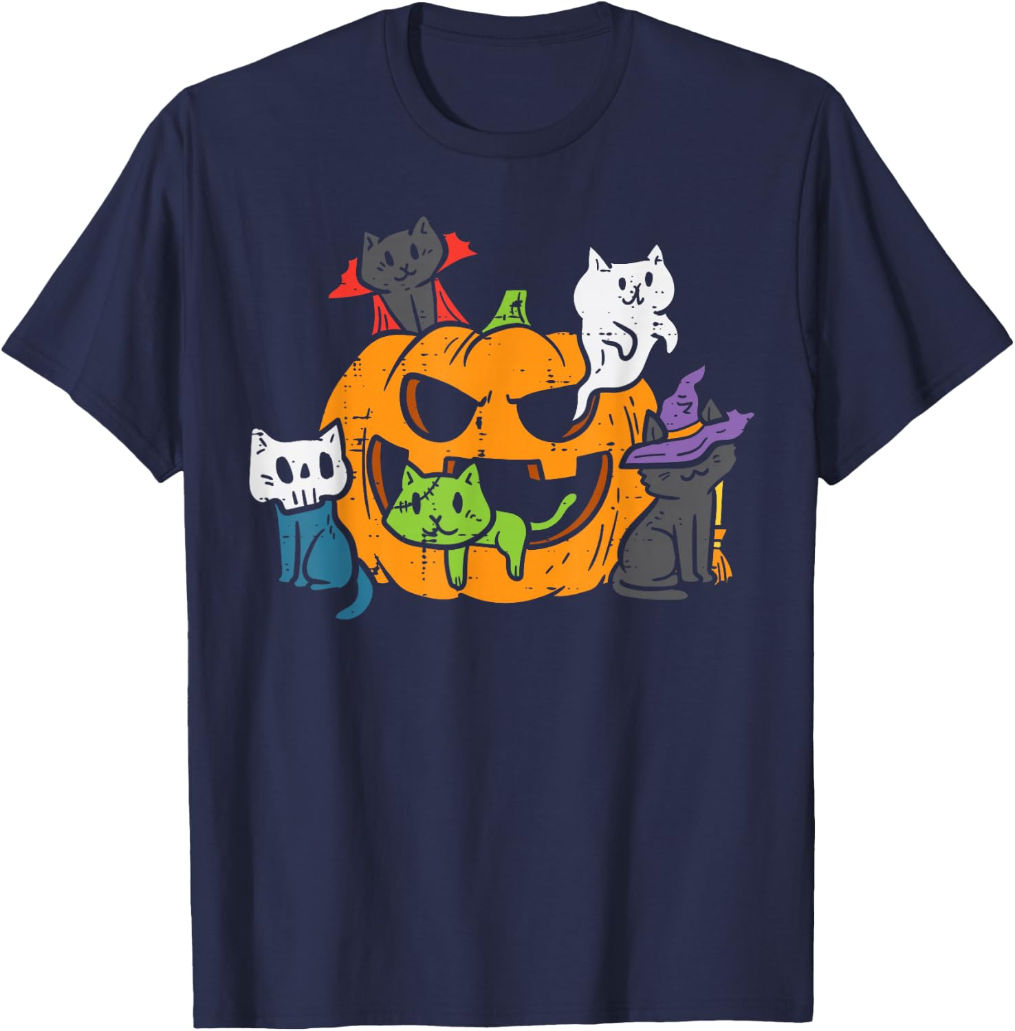Vampire Ghost Zombie Witch Cats In Pumpkin Cute Halloween T-Shirt - T-Shirt | Navy
